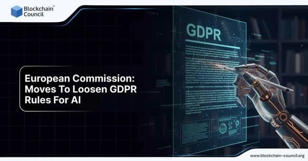 A robotic hand interacting with a virtual GDPR document, symbolizing EU data regulation changes for AI.