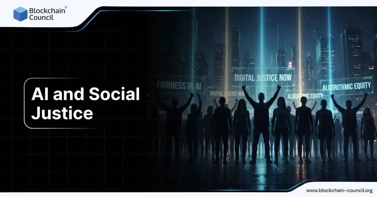 Silhouettes of people raising their hands in front of a digital cityscape with glowing banners reading 'Fairness in AI,' 'Digital Justice Now,' and 'Algorithmic Equity,' symbolizing AI’s role in social justice.
