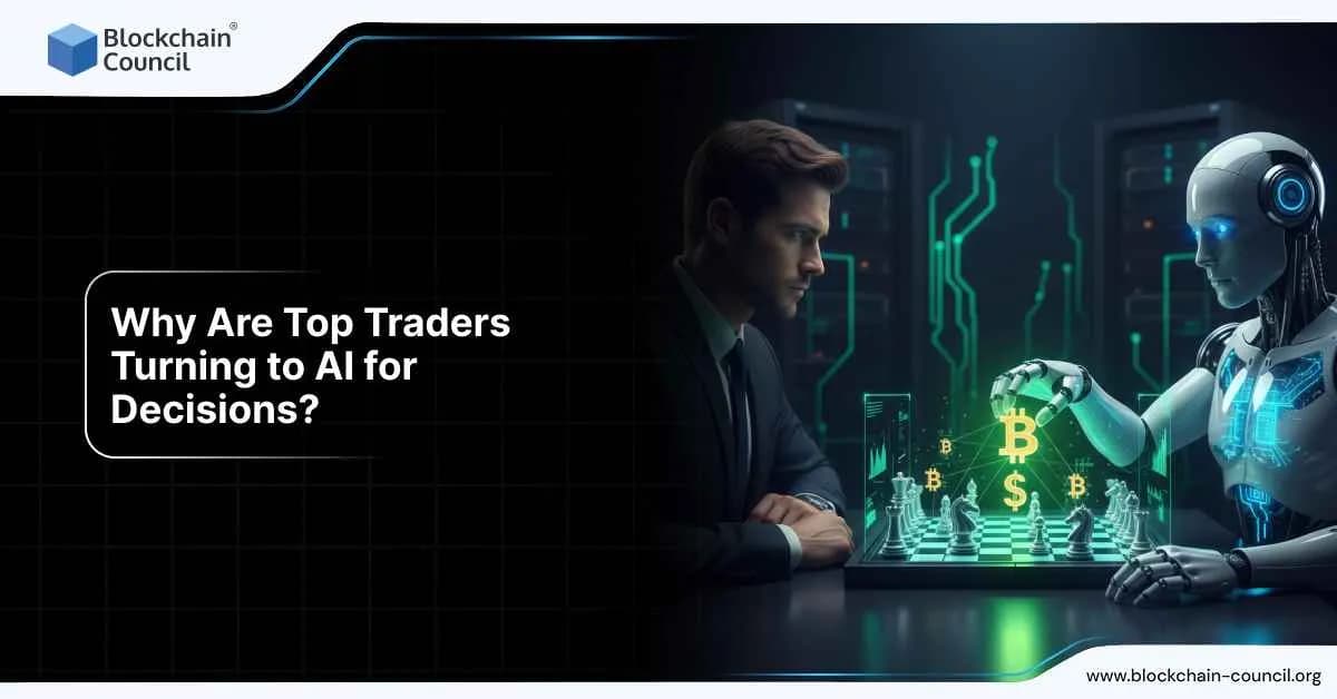 Businessman facing a humanoid robot playing chess with glowing Bitcoin and dollar symbols, illustrating how traders use AI for financial decision-making.