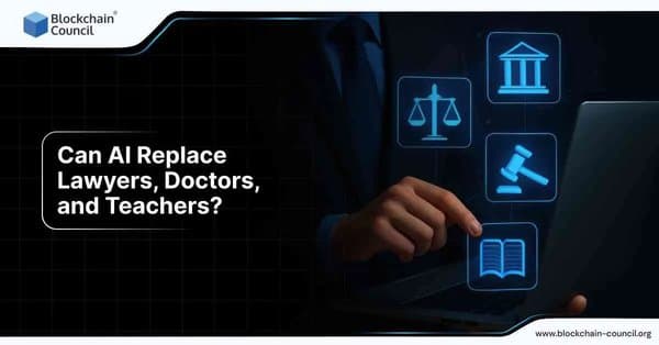 A person pointing at icons representing law, medicine, and education, questioning if AI can replace these essential professions, with digital symbols of justice and knowledge.