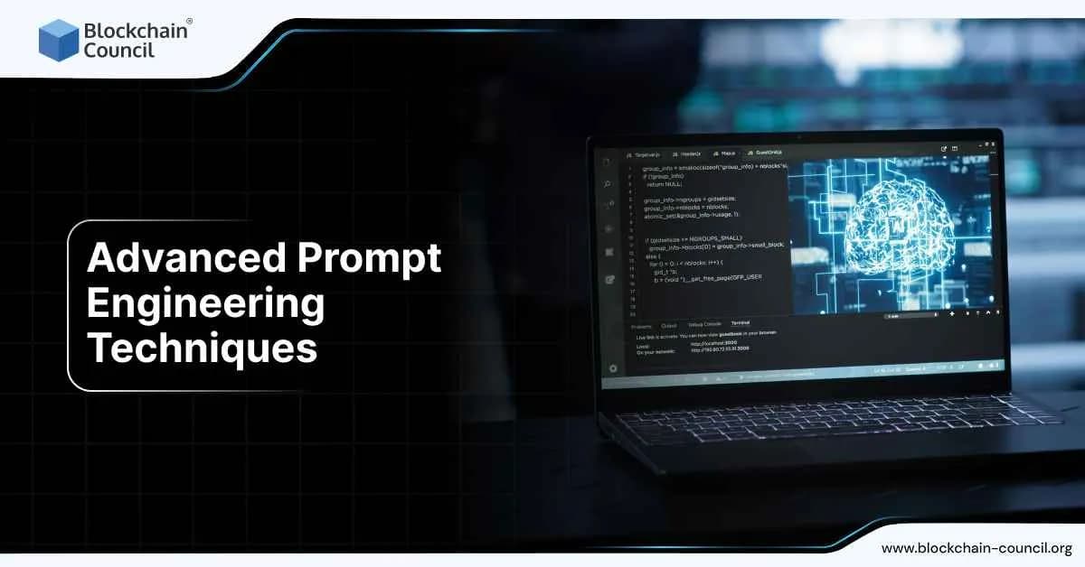 Image of a laptop displaying code with a digital brain and the text "Advanced Prompt Engineering Techniques" representing advanced methods for optimizing AI prompt engineering.
