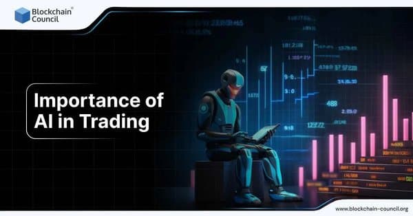 A futuristic robot sits analyzing a tablet while surrounded by neon-colored trading graphs and financial data, showing the importance of AI in trading.