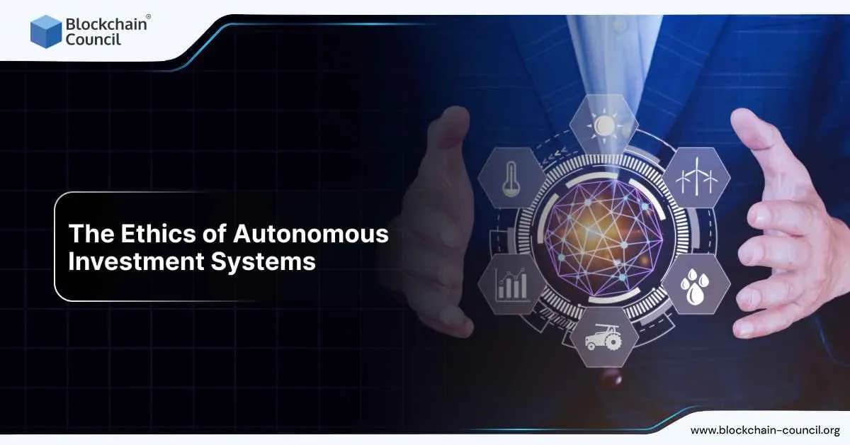A professional in a suit presents a glowing holographic sphere surrounded by icons of sustainability, finance, and data analytics, representing ethical considerations in AI-driven autonomous investment systems.