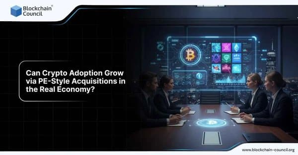 A futuristic business meeting scene showing four executives seated across a conference table, surrounded by holographic financial data and cryptocurrency icons like Bitcoin and Ethereum. The central Bitcoin symbol glows on the digital display, representing blockchain integration in finance.