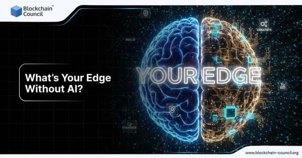 Split brain illustration, half biological and half digital with glowing circuits, symbolizing human intelligence versus AI-powered skills.