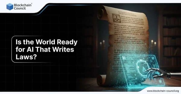 A robotic hand uses a futuristic holographic tablet to generate a glowing digital document that transforms into an ancient scroll covered in legal text. The visual symbolizes artificial intelligence drafting legal frameworks.