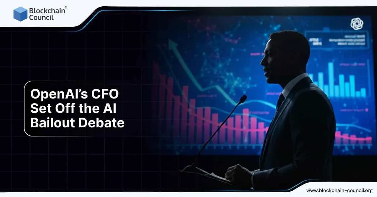 Executive speaking on stage with financial charts showing declining and rising AI trends.