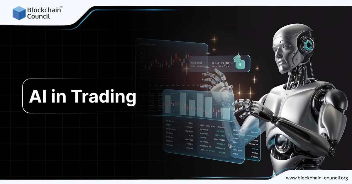 A humanoid robot interacts with transparent digital trading screens showing financial data and graphs, symbolizing AI in trading.