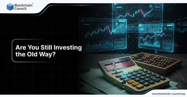 Cracked calculator and wooden abacus with holographic trading charts in the background, symbolizing outdated investment methods versus modern trading tools.