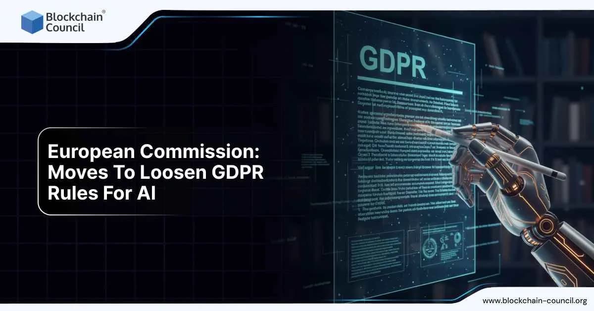 A robotic hand interacting with a virtual GDPR document, symbolizing EU data regulation changes for AI.