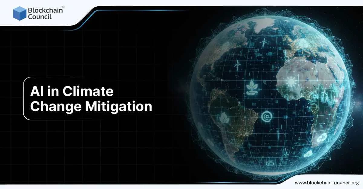 Glowing digital Earth with icons of renewable energy, nature, and climate symbols, representing AI’s role in addressing climate change.