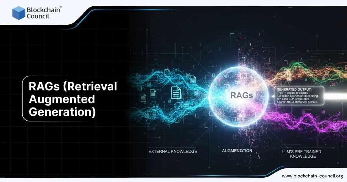 Colorful digital concept of Retrieval Augmented Generation with glowing data streams connecting external knowledge, augmentation, and large language model outputs.