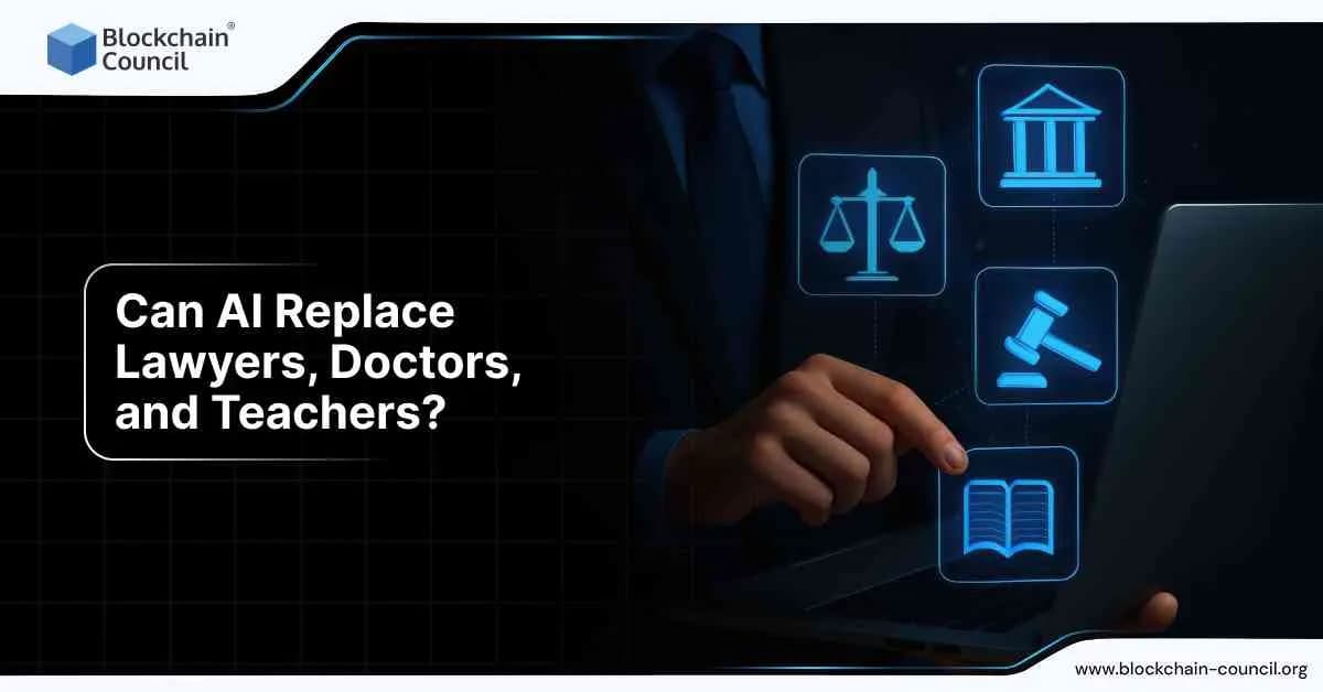A person pointing at icons representing law, medicine, and education, questioning if AI can replace these essential professions, with digital symbols of justice and knowledge.