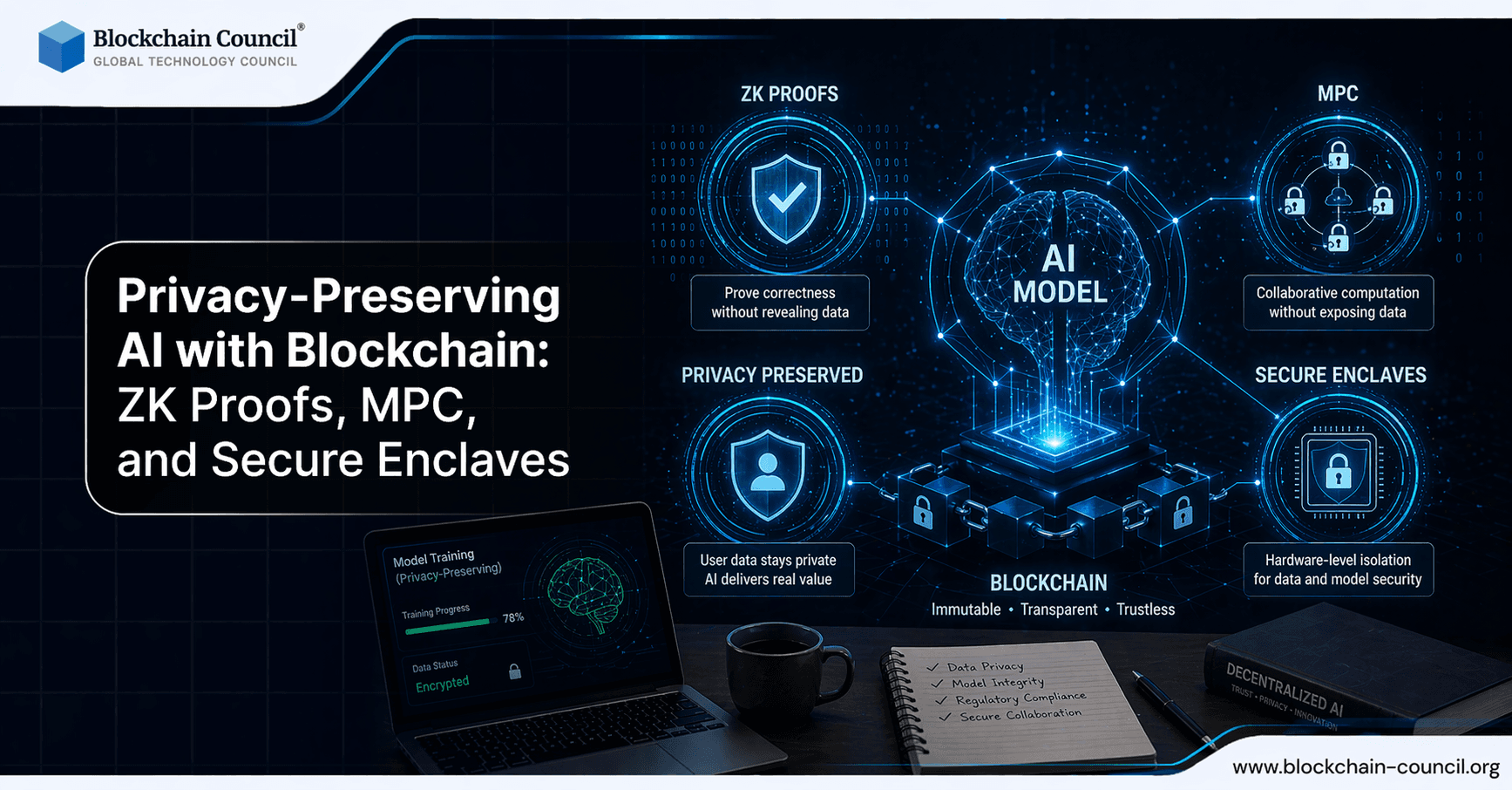 Privacy-Preserving AI with Blockchain: ZK Proofs, MPC, and Secure Enclaves