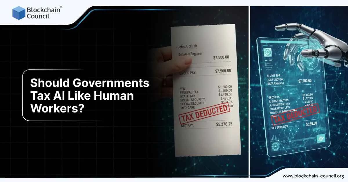 A split-screen image comparing human and AI taxation. On the left, a person holds a paper payslip marked “TAX DEDUCTED.” On the right, a robotic hand interacts with a digital payslip showing similar deductions.