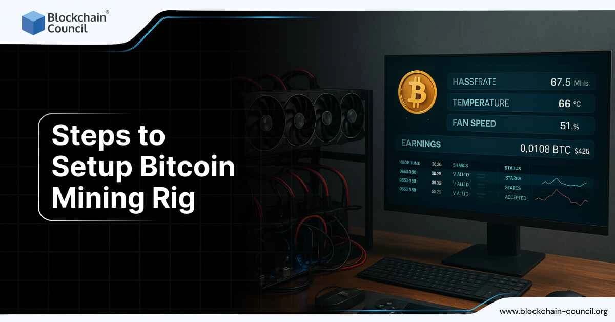 A blueprint-style infographic showing stages of Bitcoin mining rig setup, including hardware, wiring, software, and pool integration