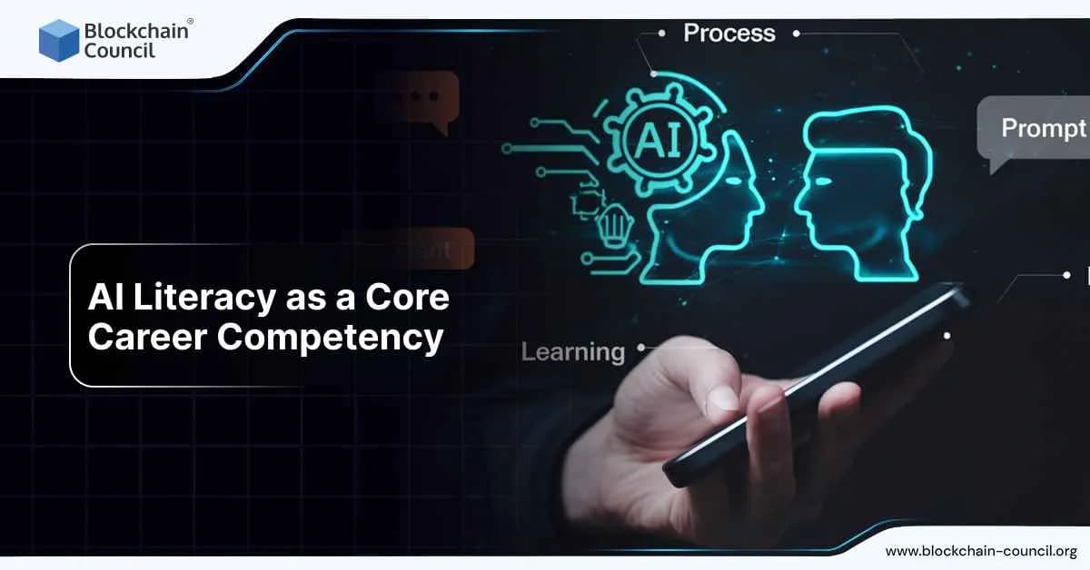 A person holds a smartphone displaying holographic visuals of AI, brain circuits, and learning icons, emphasizing the need for AI literacy in modern careers.