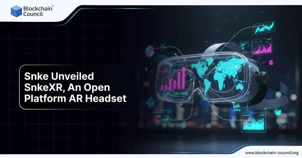 AR headset with holographic data charts and a world map representing SnkeXR open platform launch.