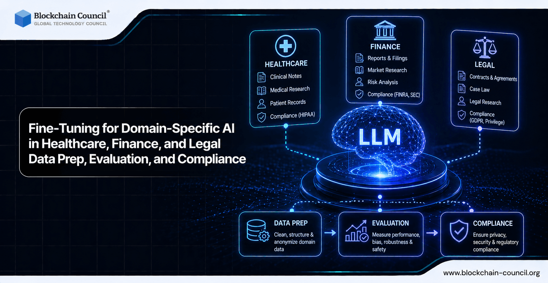 Fine-Tuning for Domain-Specific AI in Healthcare, Finance, and Legal: Data Prep, Evaluation, and Compliance