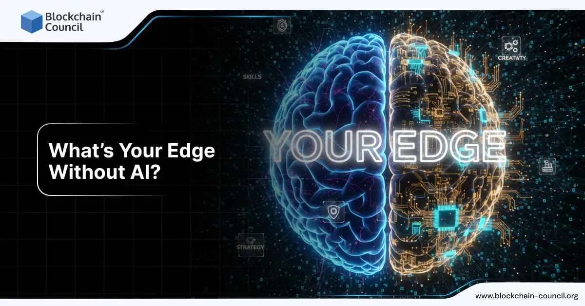 Split brain illustration, half biological and half digital with glowing circuits, symbolizing human intelligence versus AI-powered skills.