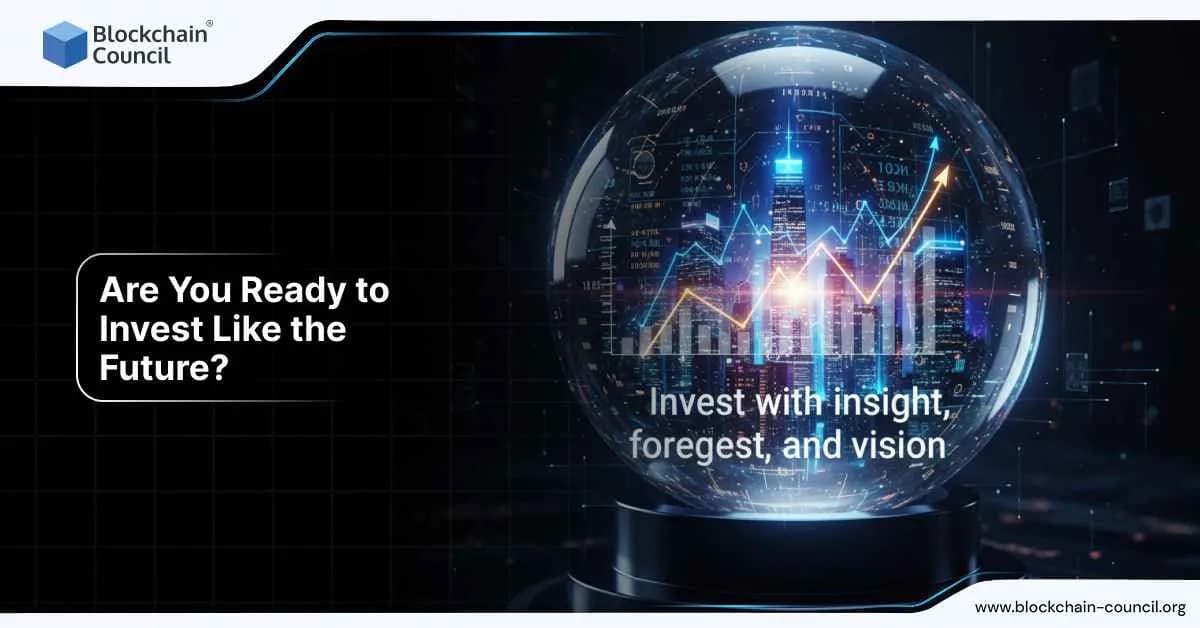 Glass crystal ball showing a city skyline with charts and rising trend lines, emphasizing future-focused investment strategies.