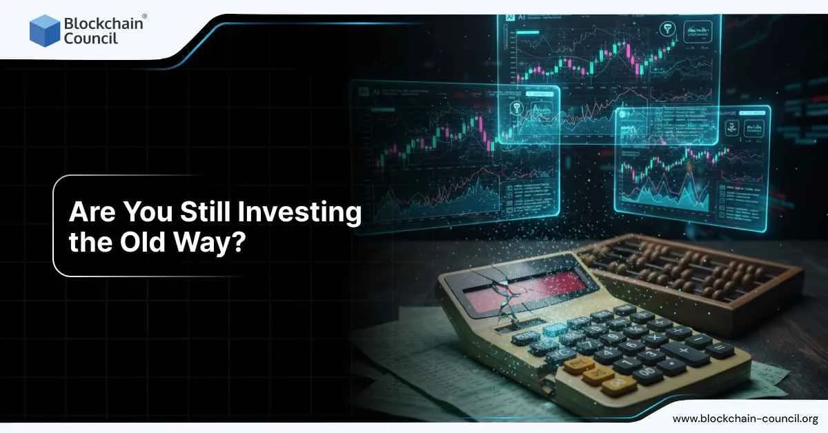 Cracked calculator and wooden abacus with holographic trading charts in the background, symbolizing outdated investment methods versus modern trading tools.