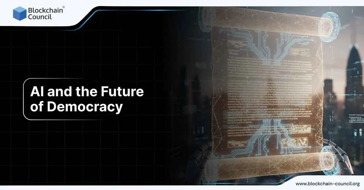 Futuristic digital scroll with glowing text in front of a cityscape, representing AI’s impact on the future of democracy.