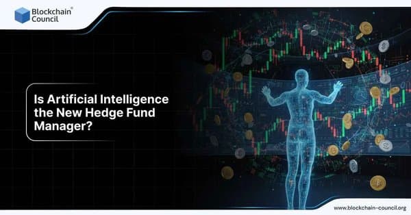 Digital human figure surrounded by floating coins and trading charts, symbolizing AI’s role as a hedge fund manager.