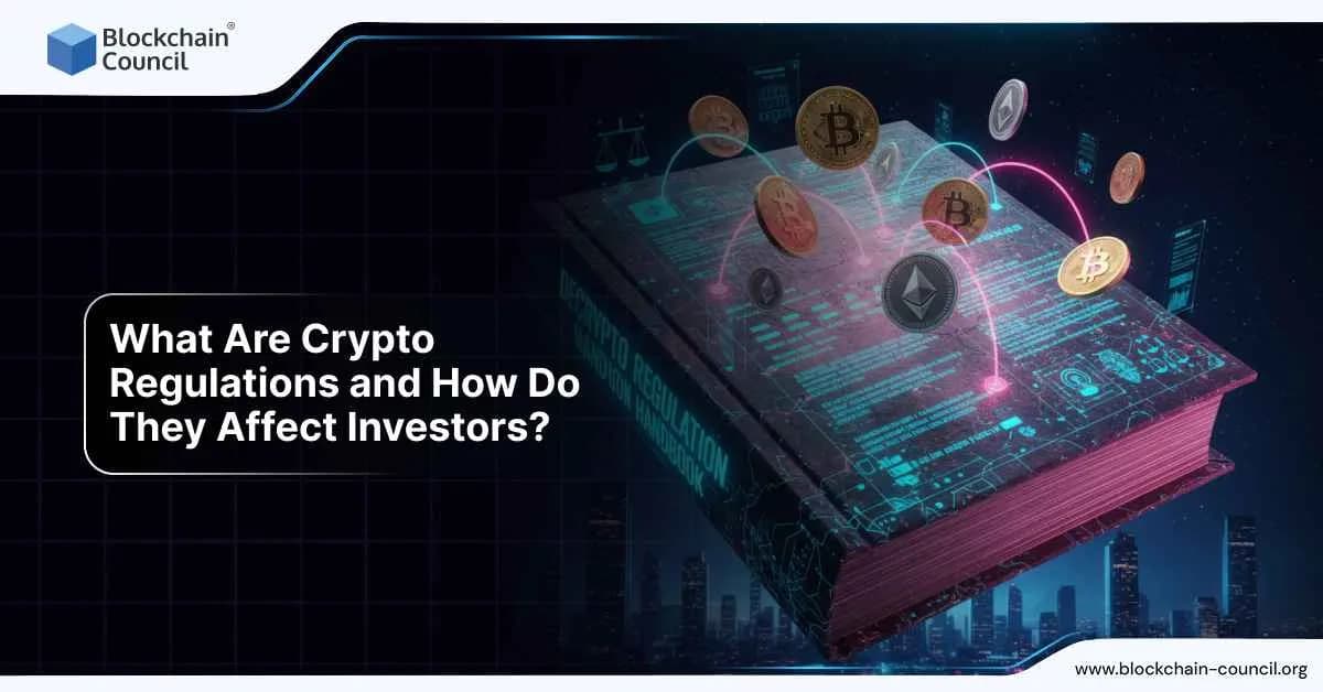 Large regulation book with floating Bitcoin and Ethereum coins, representing crypto laws and their impact on investors.