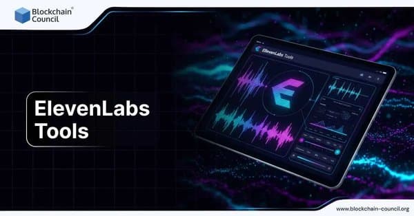 Tablet screen displaying ElevenLabs audio tools with colorful soundwaves and analytics visuals for voice and speech AI applications.