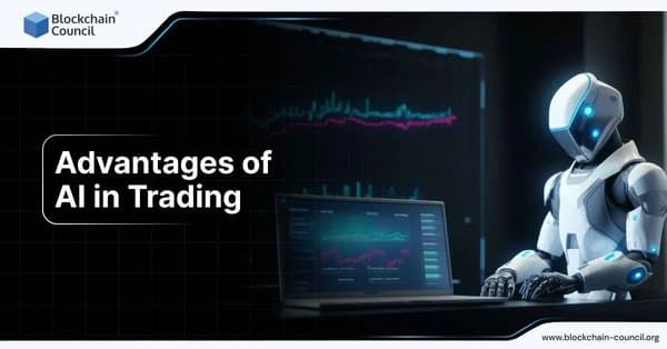 A futuristic robot works on a laptop with trading charts projected on large screens, highlighting the advantages of AI in trading.