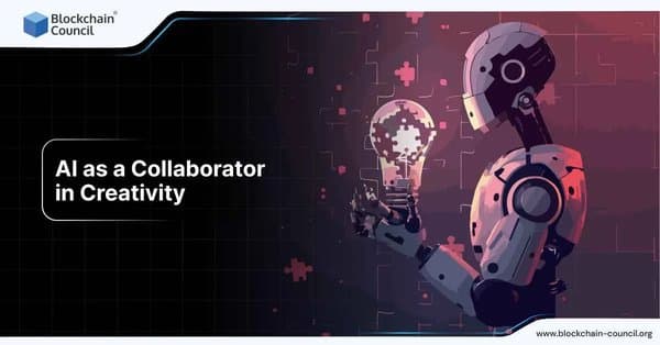 A robot holding a glowing lightbulb made of puzzle pieces, symbolizing AI as a collaborative force in creative processes and problem-solving.