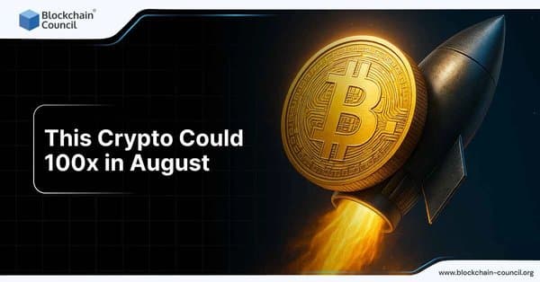Bitcoin rocket symbolizes potential 100x crypto surge in August.