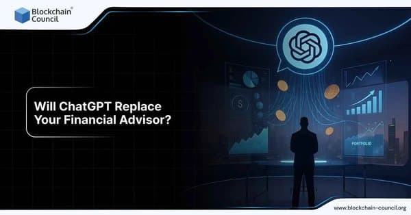 Person standing before glowing financial dashboards and charts with the ChatGPT logo, questioning if AI can replace human financial advisors.