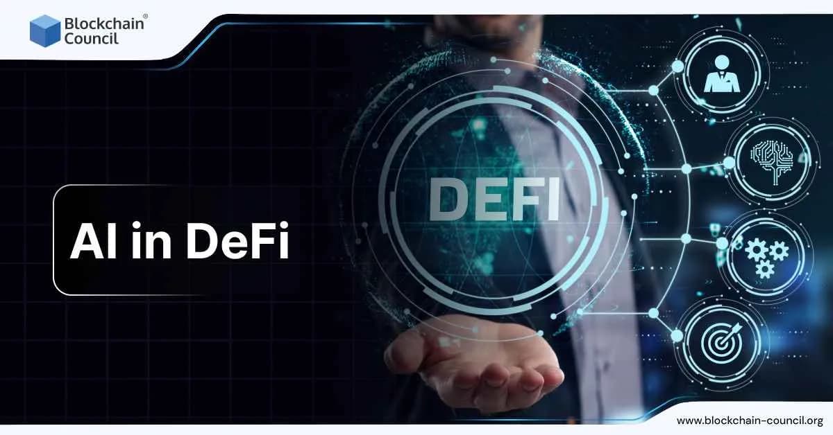 A person presents a futuristic hologram labeled “DeFi” surrounded by icons symbolizing automation, AI, and financial technology, illustrating the integration of Artificial Intelligence in decentralized finance.