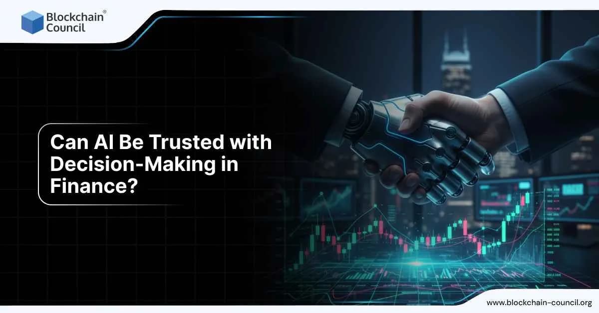 A robotic hand and a human hand shaking against a backdrop of financial charts and city skyscrapers, symbolizing the collaboration between AI and humans in financial decision-making.