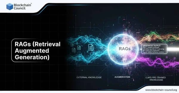 Colorful digital concept of Retrieval Augmented Generation with glowing data streams connecting external knowledge, augmentation, and large language model outputs.