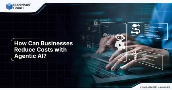 Hands typing on a laptop with holographic projections of an AI agent, analytics, and process icons, representing cost reduction through automation and Agentic AI.