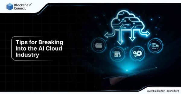 A hand holding a tablet with AI cloud-related icons, symbolizing tips for breaking into the AI cloud industry.