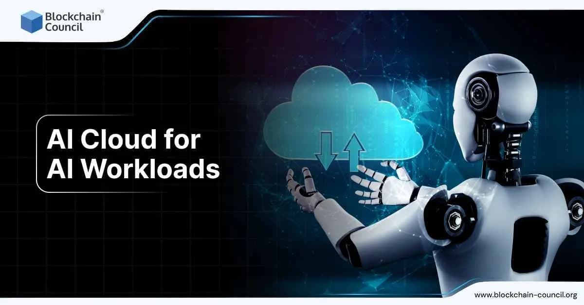 Image of a robot holding a cloud symbol with digital data and the text “AI Cloud for AI Workloads” representing the optimization of cloud solutions for AI workload management.