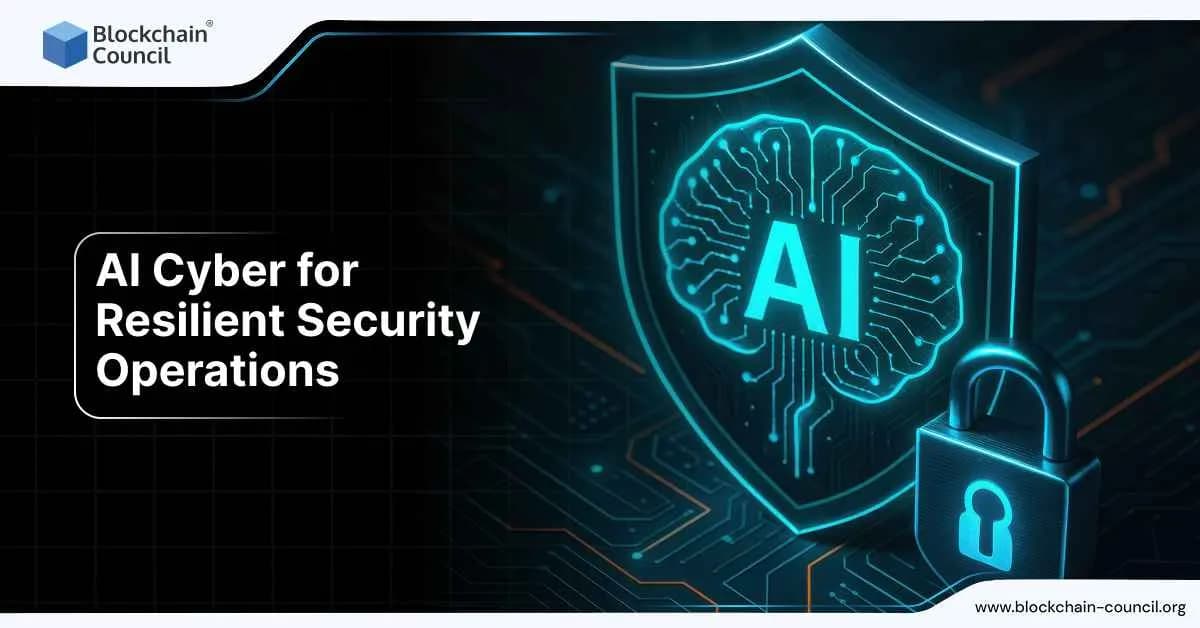 Image showing a shield with AI brain symbol and a lock, along with the text “AI Cyber for Resilient Security Operations” highlighting AI’s role in strengthening cybersecurity.