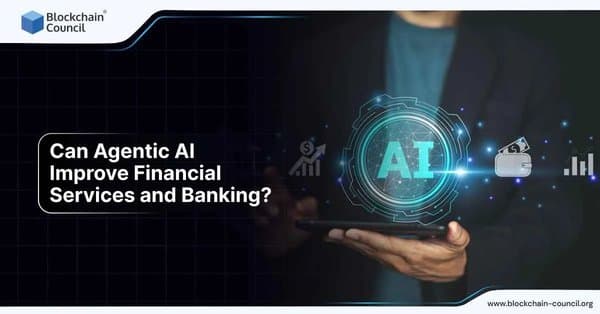 A professional holds a digital tablet projecting a glowing AI symbol with finance-related icons like wallet, growth chart, and dollar sign, illustrating how Agentic AI transforms banking and financial services.