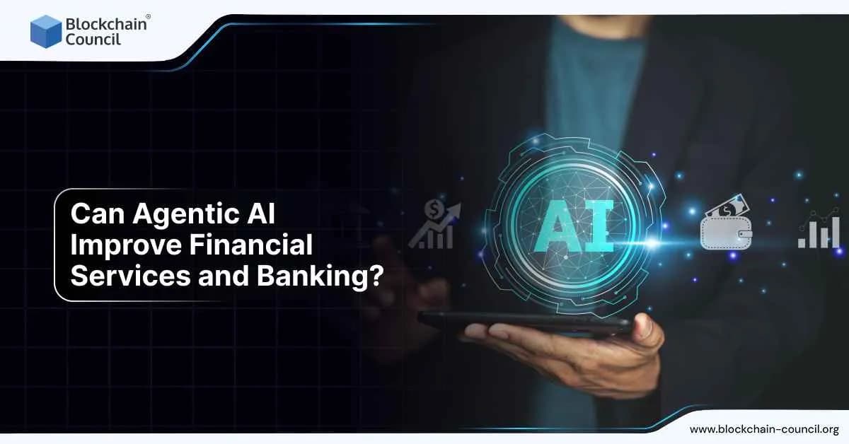 A professional holds a digital tablet projecting a glowing AI symbol with finance-related icons like wallet, growth chart, and dollar sign, illustrating how Agentic AI transforms banking and financial services.