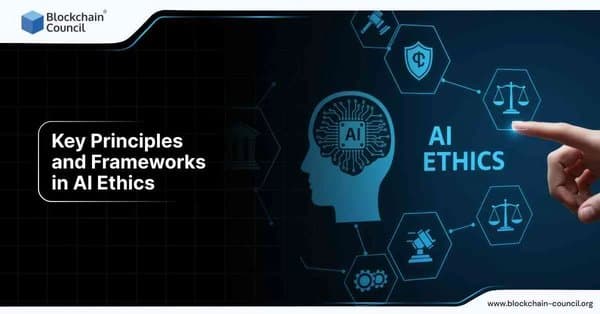 A finger pointing at a glowing AI icon surrounded by symbols representing law, security, and ethics, illustrating key principles in AI ethics.