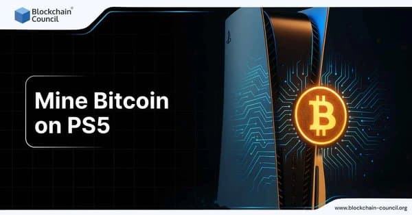 A PlayStation 5 console emitting glowing Bitcoin symbols, representing cryptocurrency mining on gaming hardware.