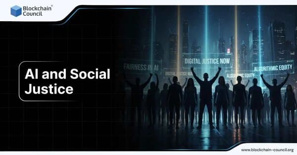 Silhouettes of people raising their hands in front of a digital cityscape with glowing banners reading 'Fairness in AI,' 'Digital Justice Now,' and 'Algorithmic Equity,' symbolizing AI’s role in social justice.