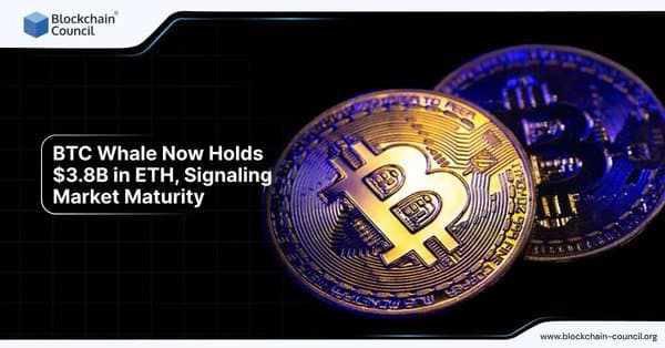 Image of Bitcoin and Ethereum coins with the text "BTC Whale Now Holds $3.8B in ETH, Signaling Market Maturity" highlighting significant cryptocurrency movements by a Bitcoin whale.