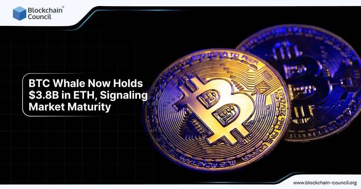 Image of Bitcoin and Ethereum coins with the text "BTC Whale Now Holds $3.8B in ETH, Signaling Market Maturity" highlighting significant cryptocurrency movements by a Bitcoin whale.