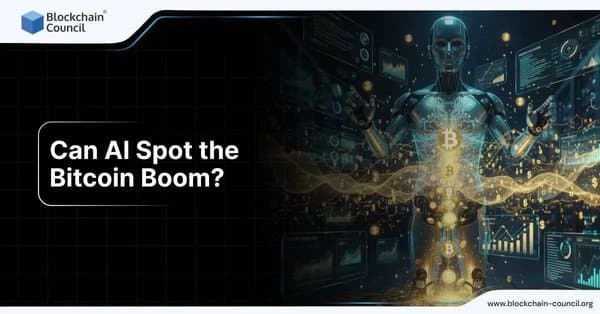 Futuristic humanoid robot surrounded by Bitcoin symbols and digital charts, representing AI’s potential in predicting Bitcoin market trends.