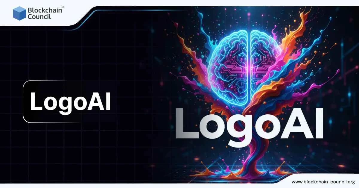 Vibrant glowing brain illustration with colorful neural energy waves, alongside LogoAI text representing AI-powered logo design tools.